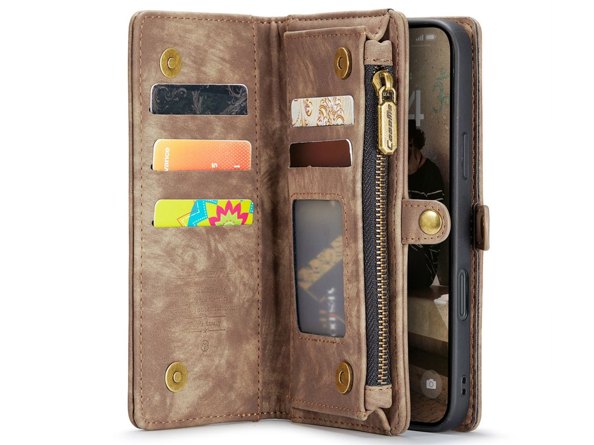 CaseMe 2in1 Wallet Case met Ritsvak Bruin - iPhone 16e Hoesje
