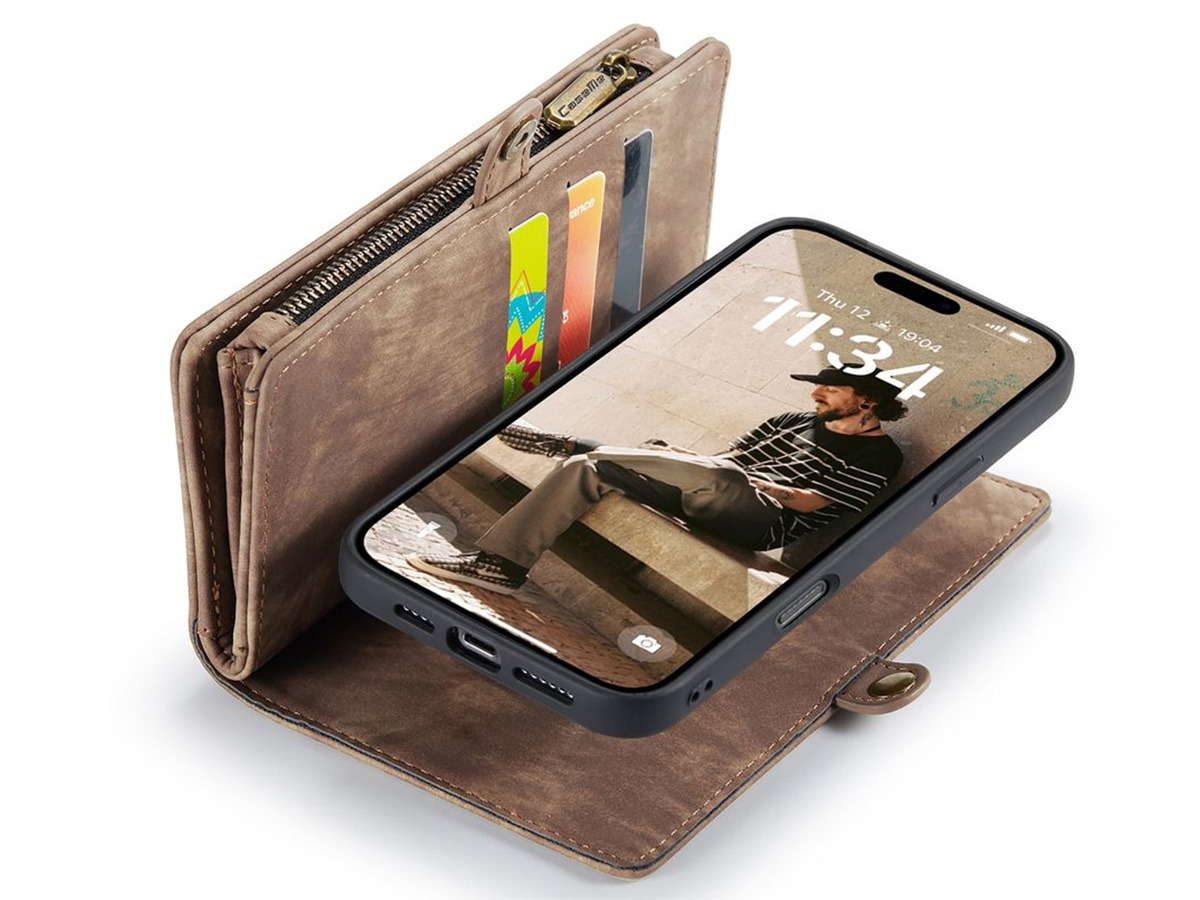 CaseMe 2in1 Wallet Case met Ritsvak Bruin - iPhone 16e Hoesje