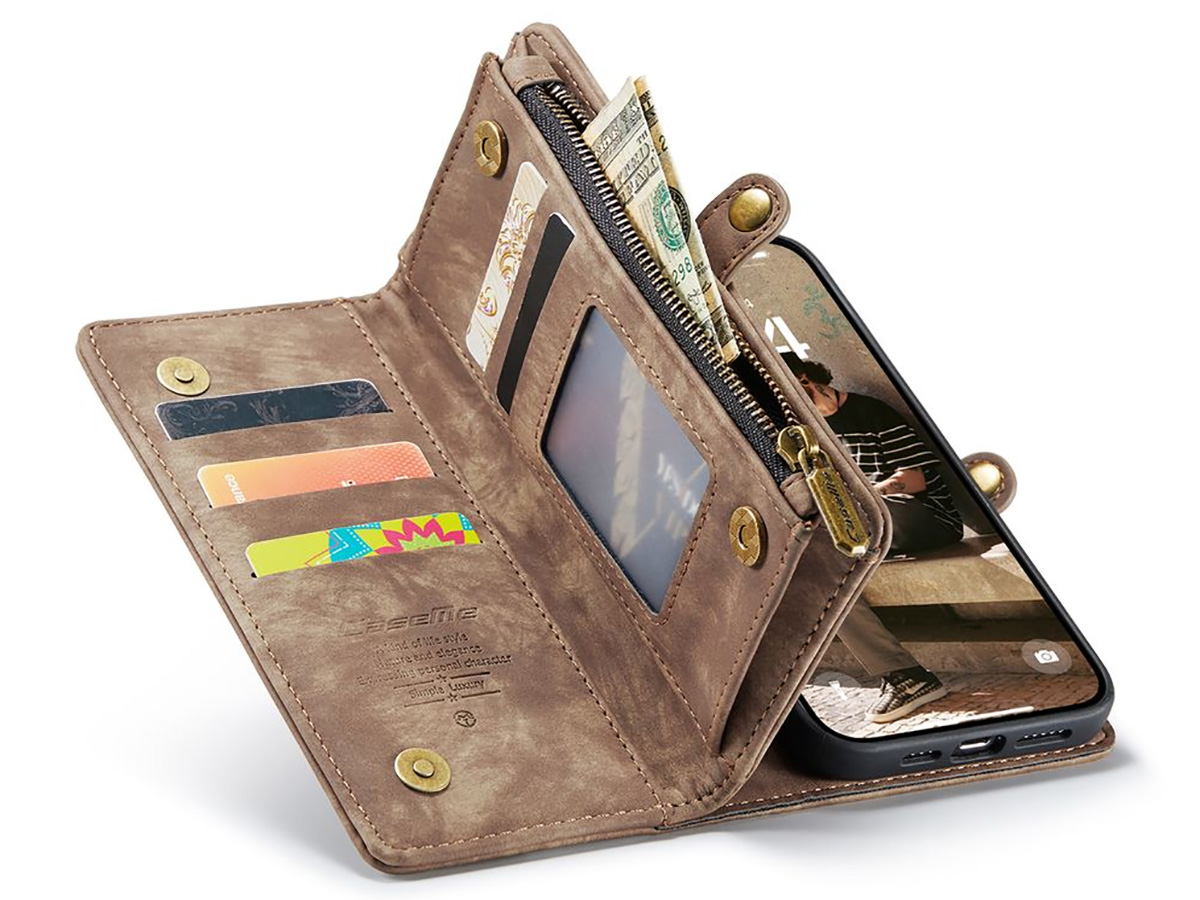 CaseMe 2in1 Wallet Case met Ritsvak Bruin - iPhone 16e Hoesje