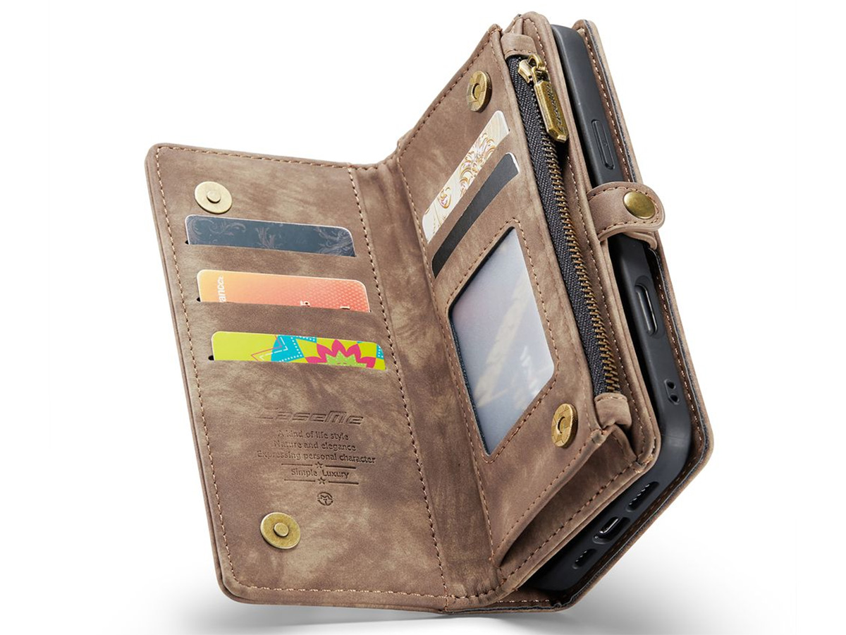 CaseMe 2in1 Wallet Case met Ritsvak Bruin - iPhone 16e Hoesje