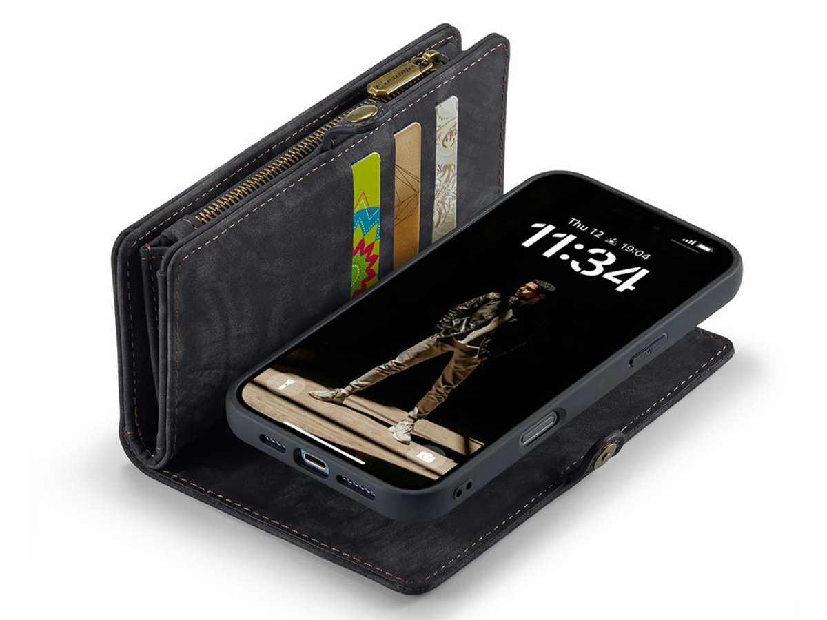 CaseMe 2in1 Wallet Case met Ritsvak Zwart - iPhone 16e Hoesje