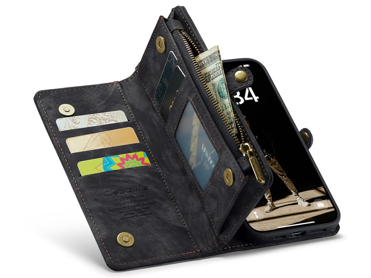 CaseMe 2in1 Wallet Case met Ritsvak Zwart - iPhone 16e Hoesje