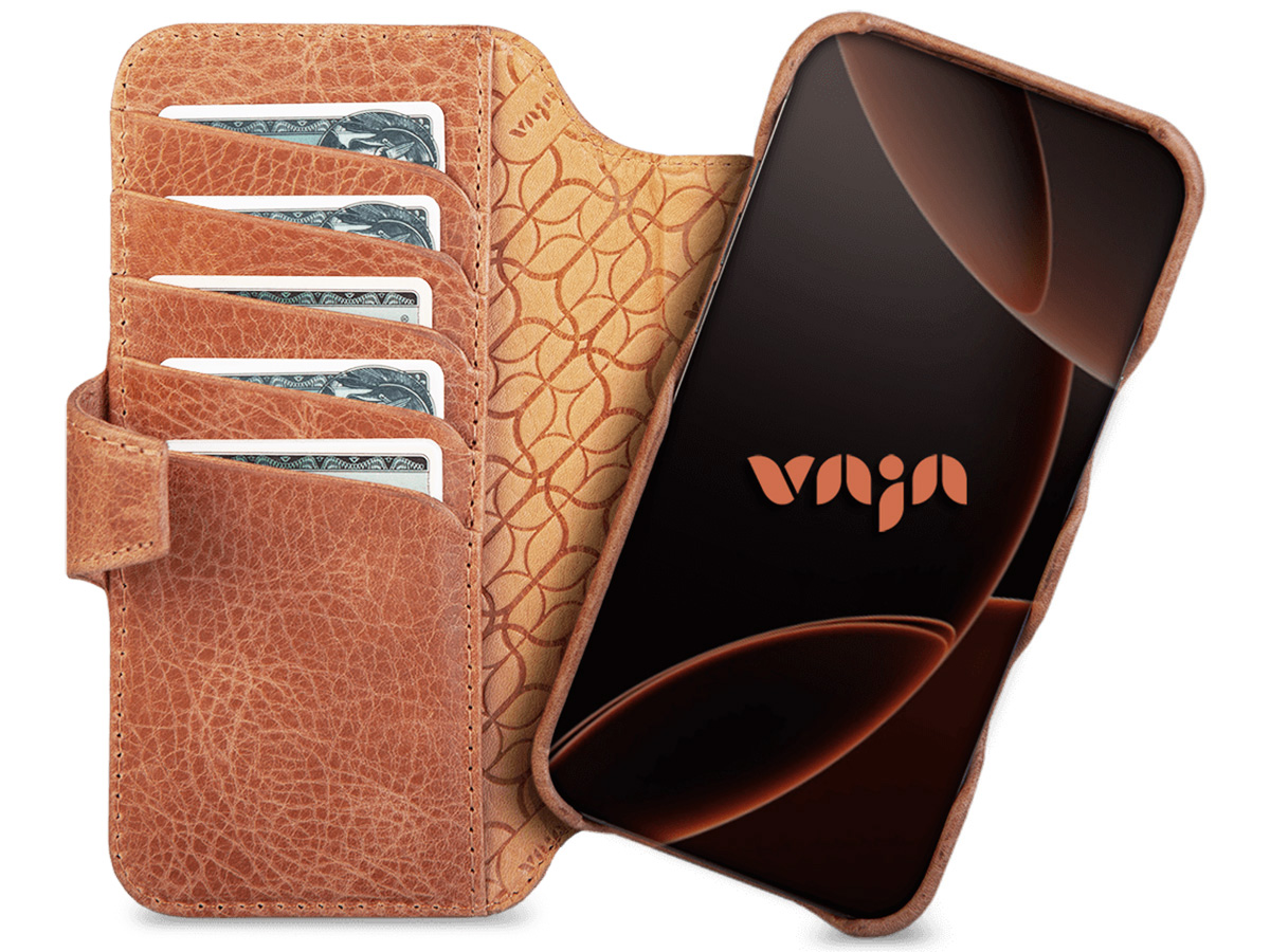 Vaja 2in1 V-Mag Leather Wallet Case MagSafe Camel - iPhone 17 Air Hoesje Leer