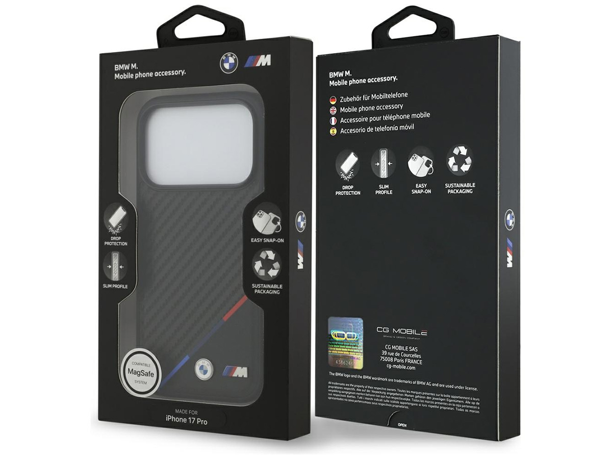 BMW M Tricolor iPhone 17 Pro hoesje - Carbon look Case met MagSafe