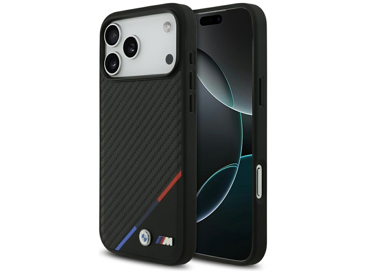 BMW M Tricolor iPhone 17 Pro Max hoesje - Carbon look Case met MagSafe