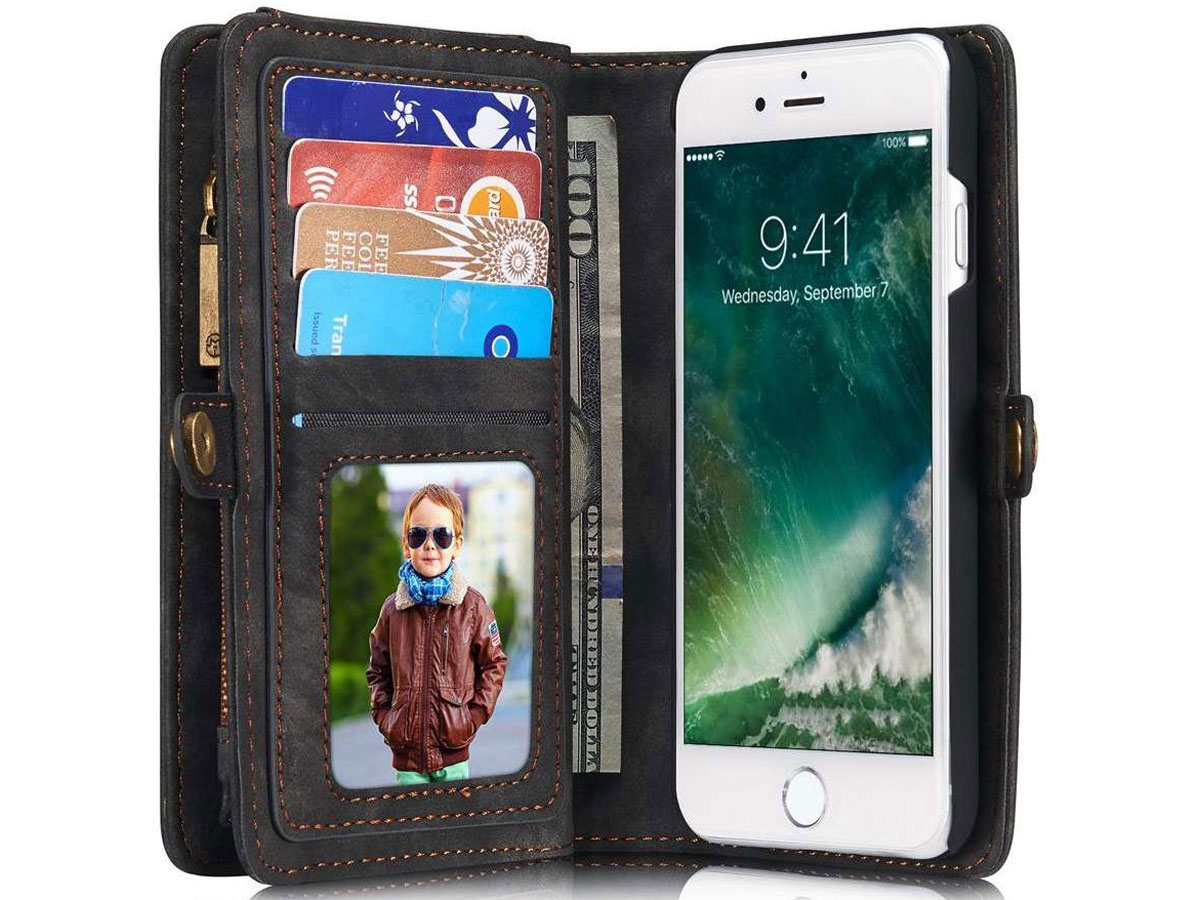 CaseMe 2in1 Wallet Ritsvak Case Zwart - iPhone SE/8/7 Hoesje