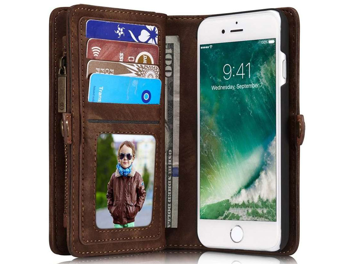 CaseMe 2in1 Wallet Ritsvak Case Bruin - iPhone SE/8/7 Hoesje