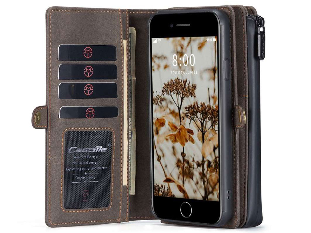 CaseMe Multi Wallet Ritsvak Case Bruin - iPhone SE 2020/8/7 Hoesje