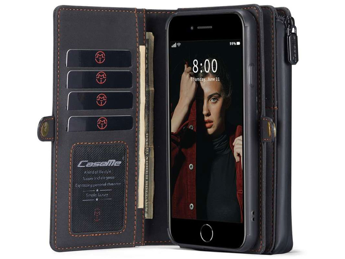 CaseMe Multi Wallet Ritsvak Case Zwart - iPhone SE/8/7 Hoesje