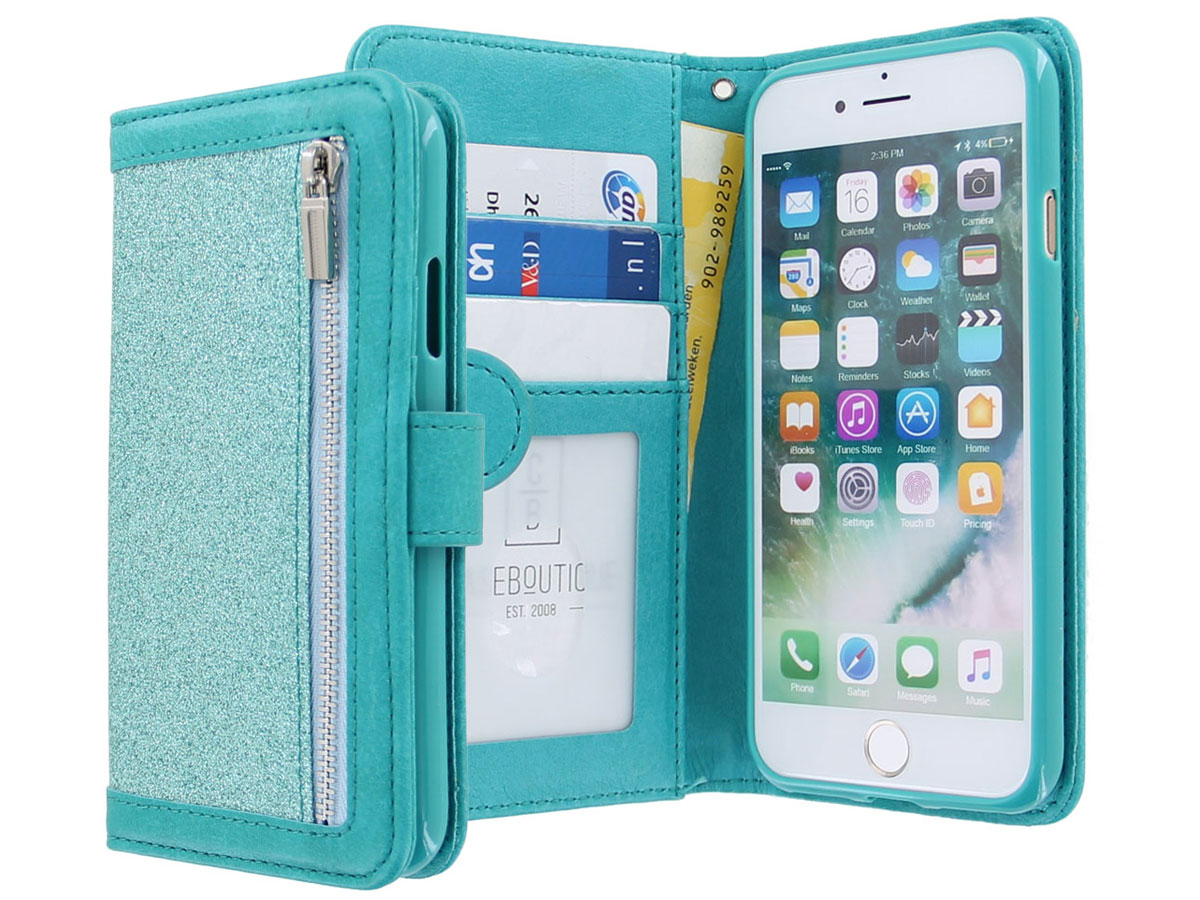 Glitsie Zip Case met Rits Turquoise - iPhone 8+/7+ hoesje