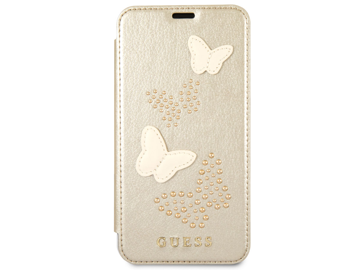 Guess Butterfly Studs Bookcase Goud - iPhone X/Xs hoesje