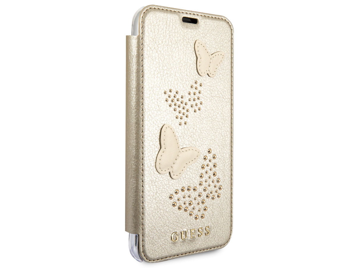 Guess Butterfly Studs Bookcase Goud - iPhone X/Xs hoesje