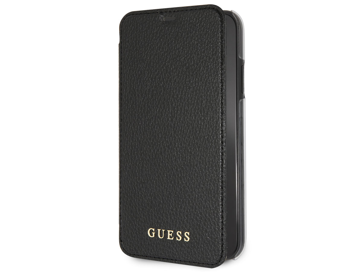 Guess Iridescent Clear Bookcase Bundel Zwart - iPhone XR Hoesje + Protector
