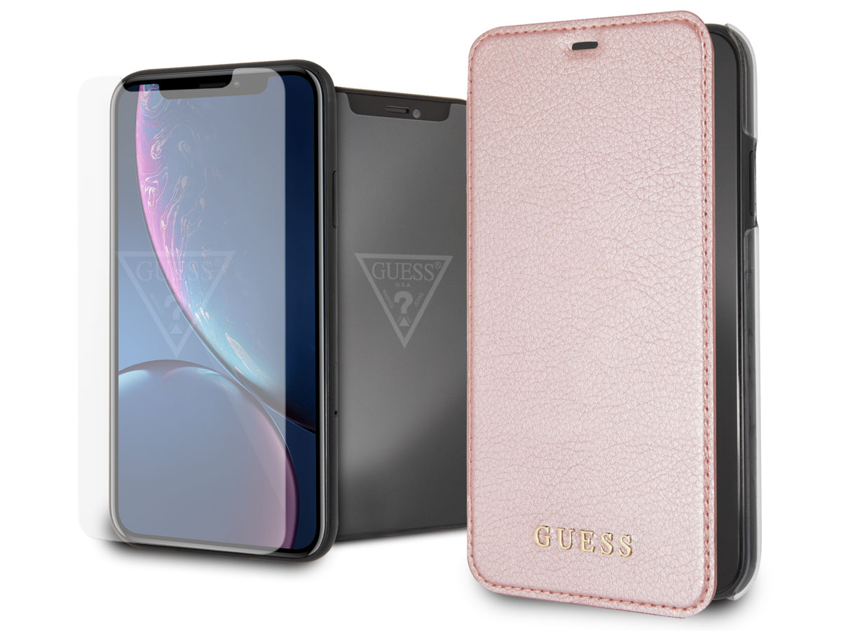 Guess Iridescent Clear Bookcase Bundel Rosé - iPhone XR Hoesje + Protector