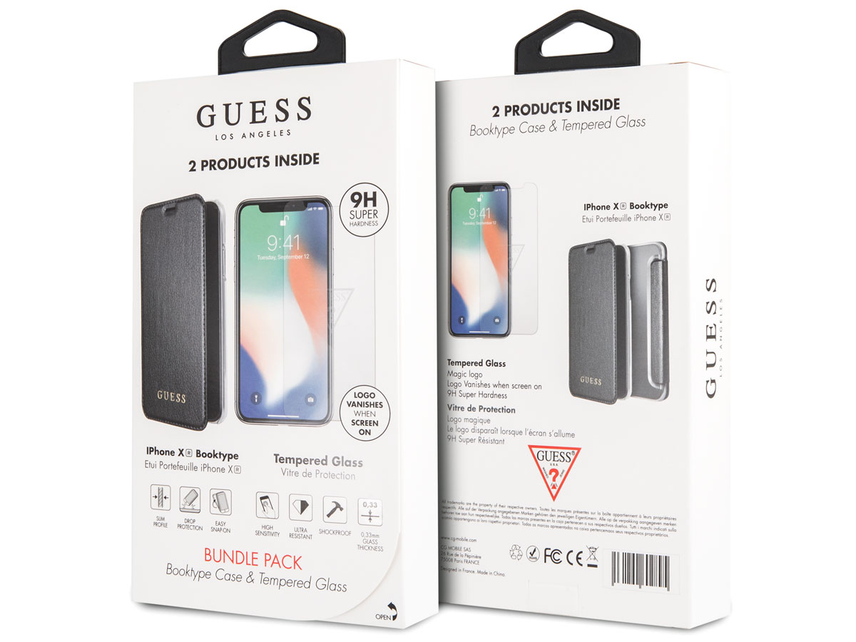 Guess Iridescent Clear Bookcase Bundel Zwart - iPhone XR Hoesje + Protector