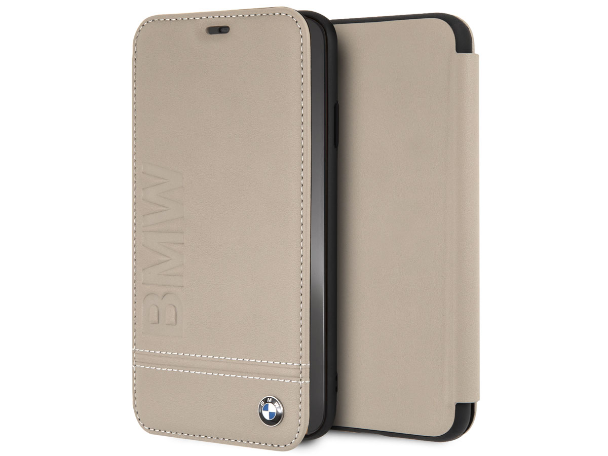 BMW Logo Leather Folio Beige Leer - iPhone Xs Max hoesje Taupe