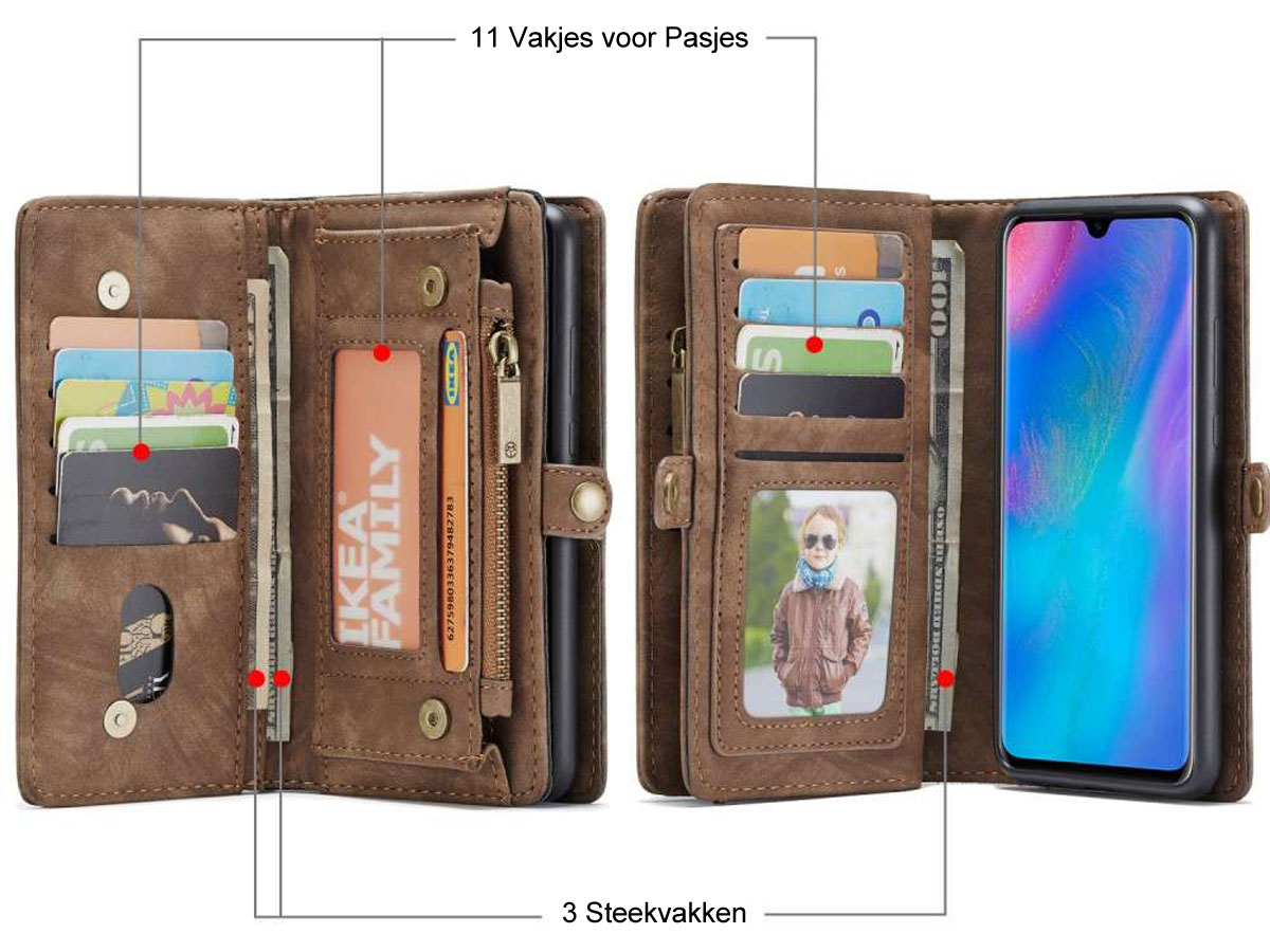 CaseMe 2in1 Wallet Ritsvak Case Bruin - Huawei P30 Lite (New Edition) Hoesje