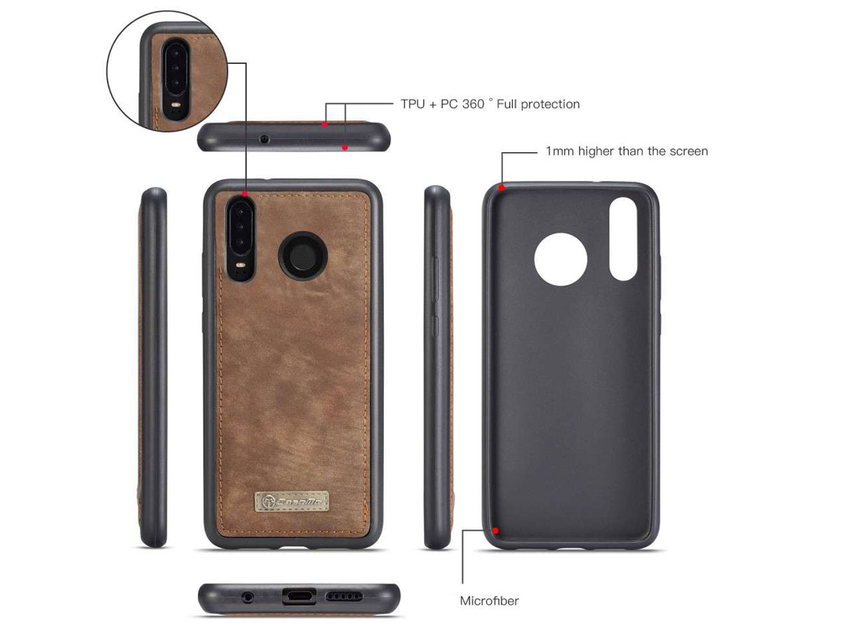 CaseMe 2in1 Wallet Ritsvak Case Bruin - Huawei P30 Lite (New Edition) Hoesje