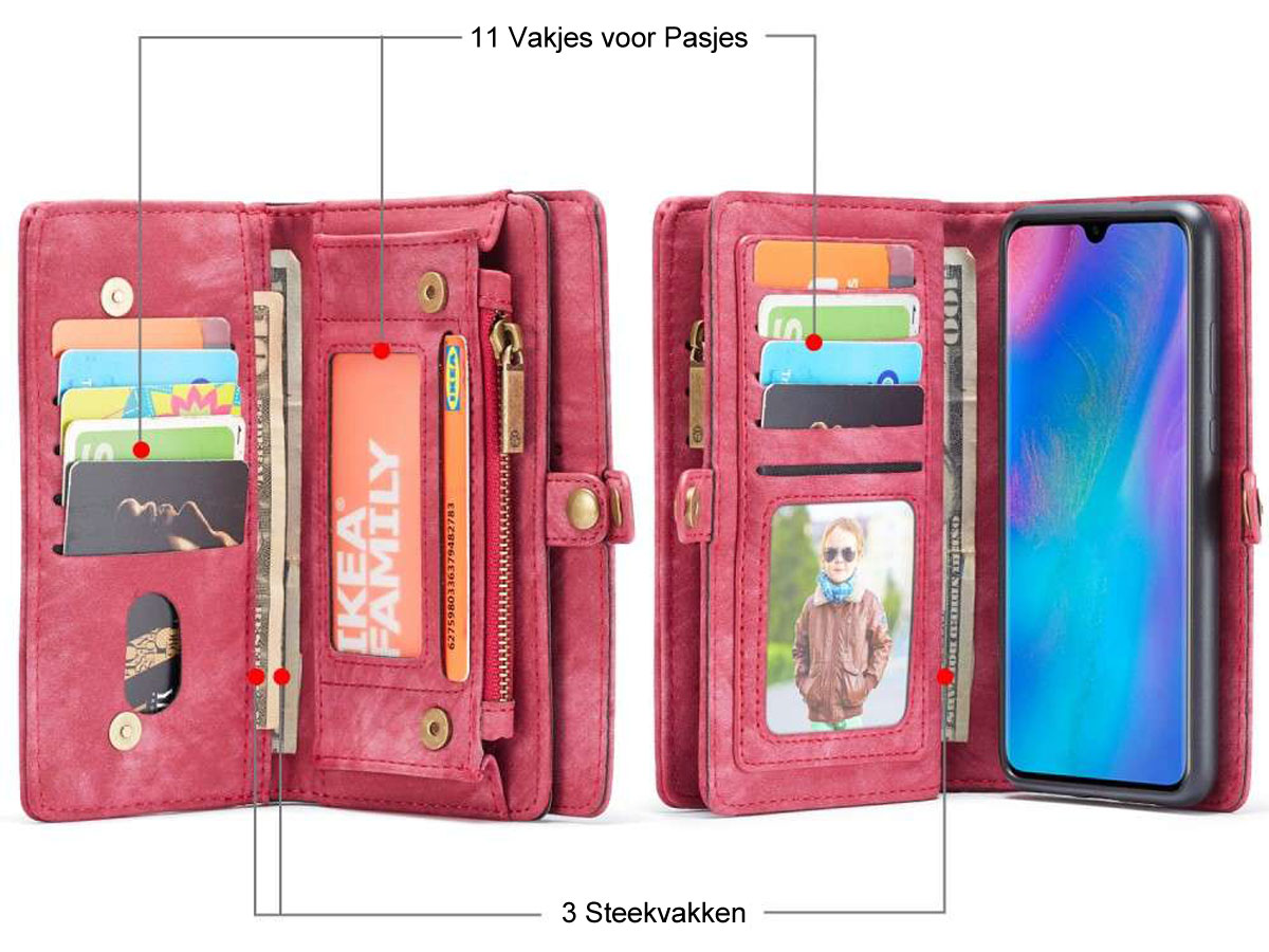 CaseMe 2in1 Wallet Ritsvak Case Rood - Huawei P30 Lite (New Edition) Hoesje