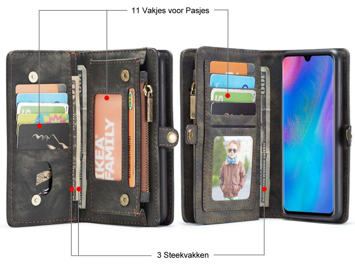 CaseMe 2in1 Wallet Ritsvak Case Zwart - Huawei P30 Lite (New Edition) Hoesje