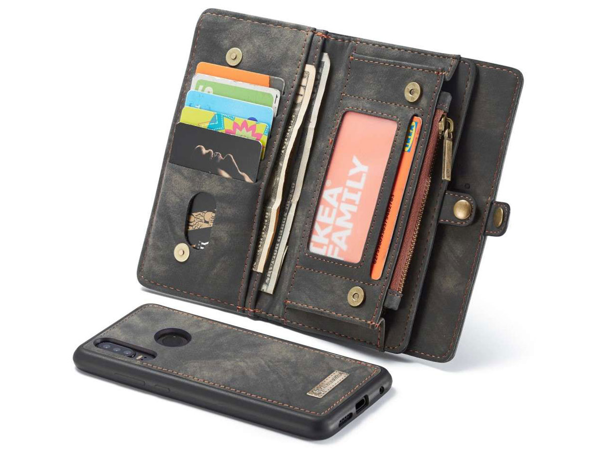 CaseMe 2in1 Wallet Ritsvak Case Zwart - Huawei P30 Lite (New Edition) Hoesje