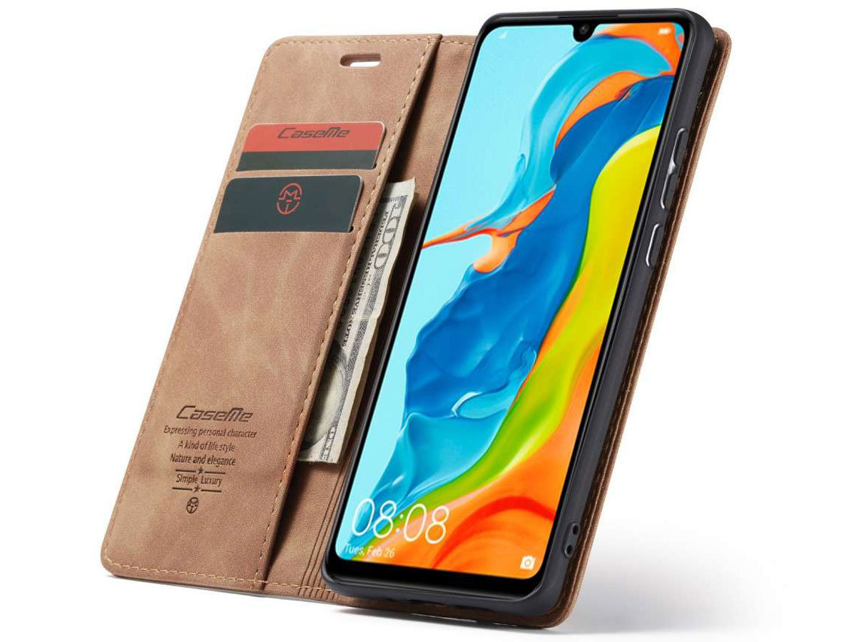 CaseMe Vintage BookCase Tan - Huawei P30 Lite (New Edition) hoesje