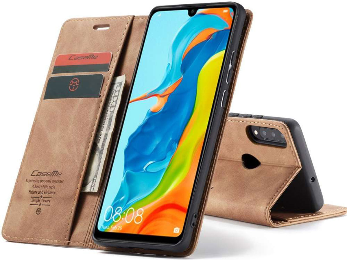 CaseMe Vintage BookCase Tan - Huawei P30 Lite (New Edition) hoesje