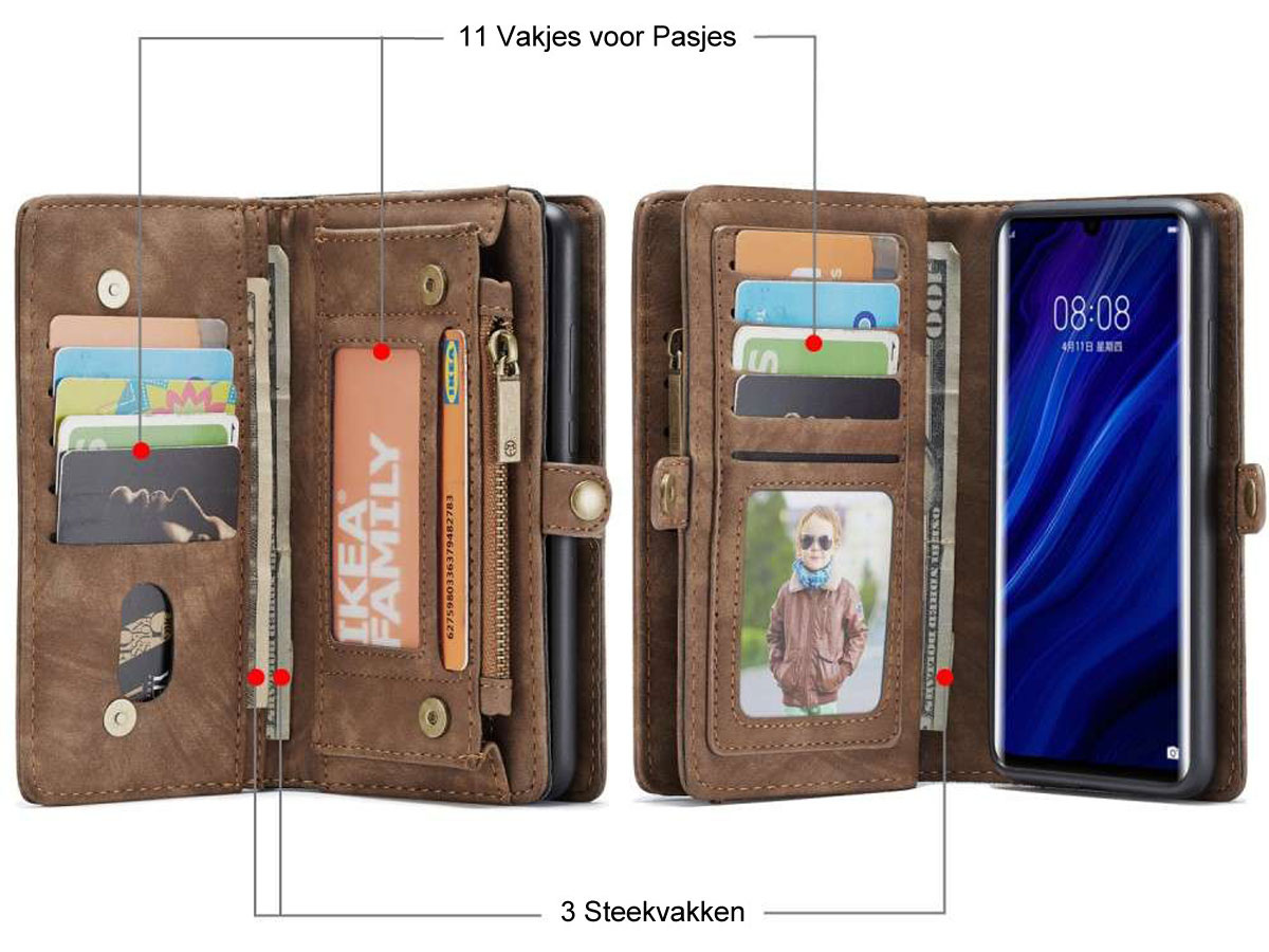 CaseMe 2in1 Wallet Ritsvak Case Bruin - Huawei P30 Pro (New Edition) Hoesje
