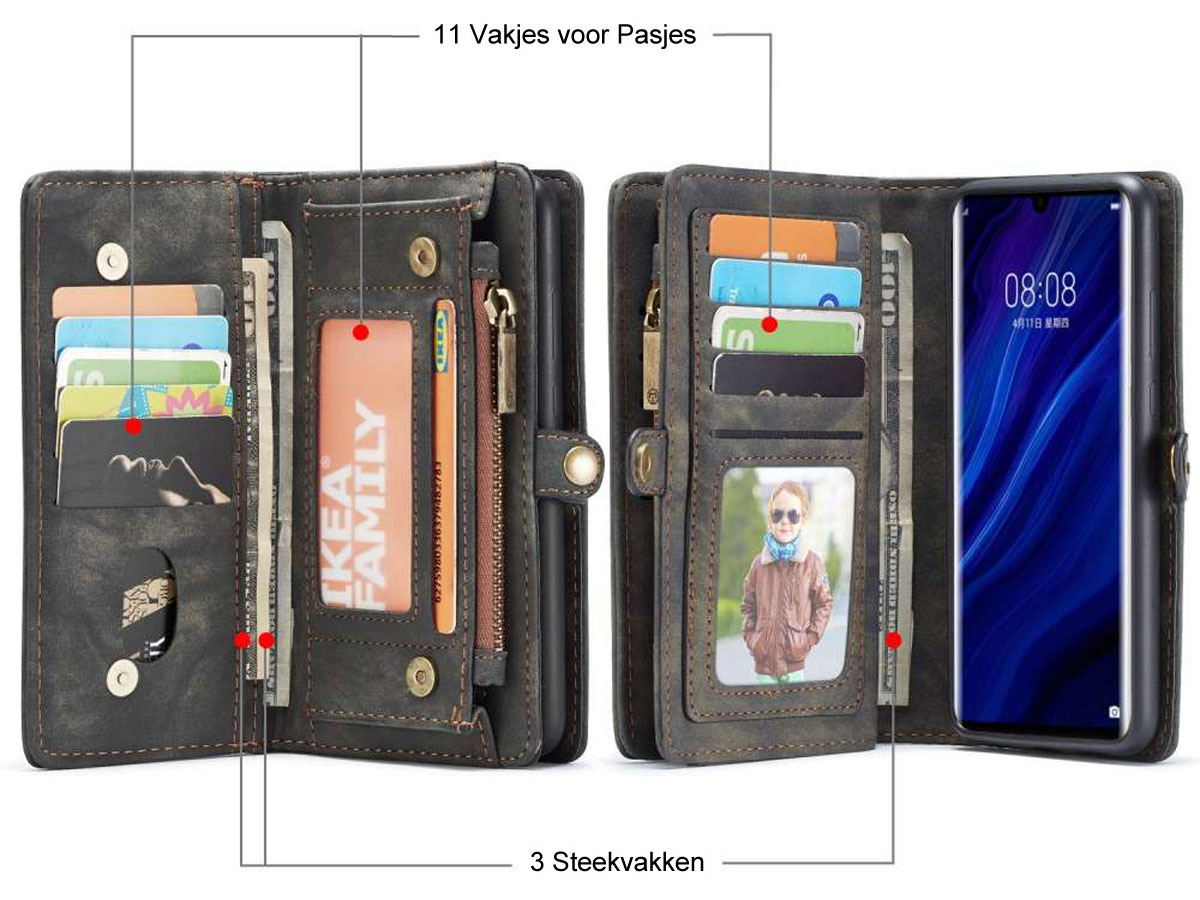 CaseMe 2in1 Wallet Ritsvak Case Zwart - Huawei P30 Pro (New Edition) Hoesje