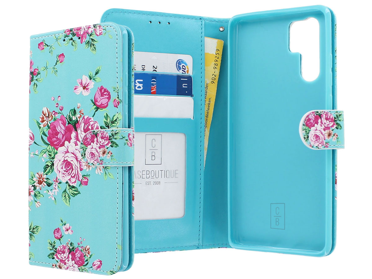 Bookcase Mapje Bloemenprint Blauw - Huawei P30 Pro hoesje