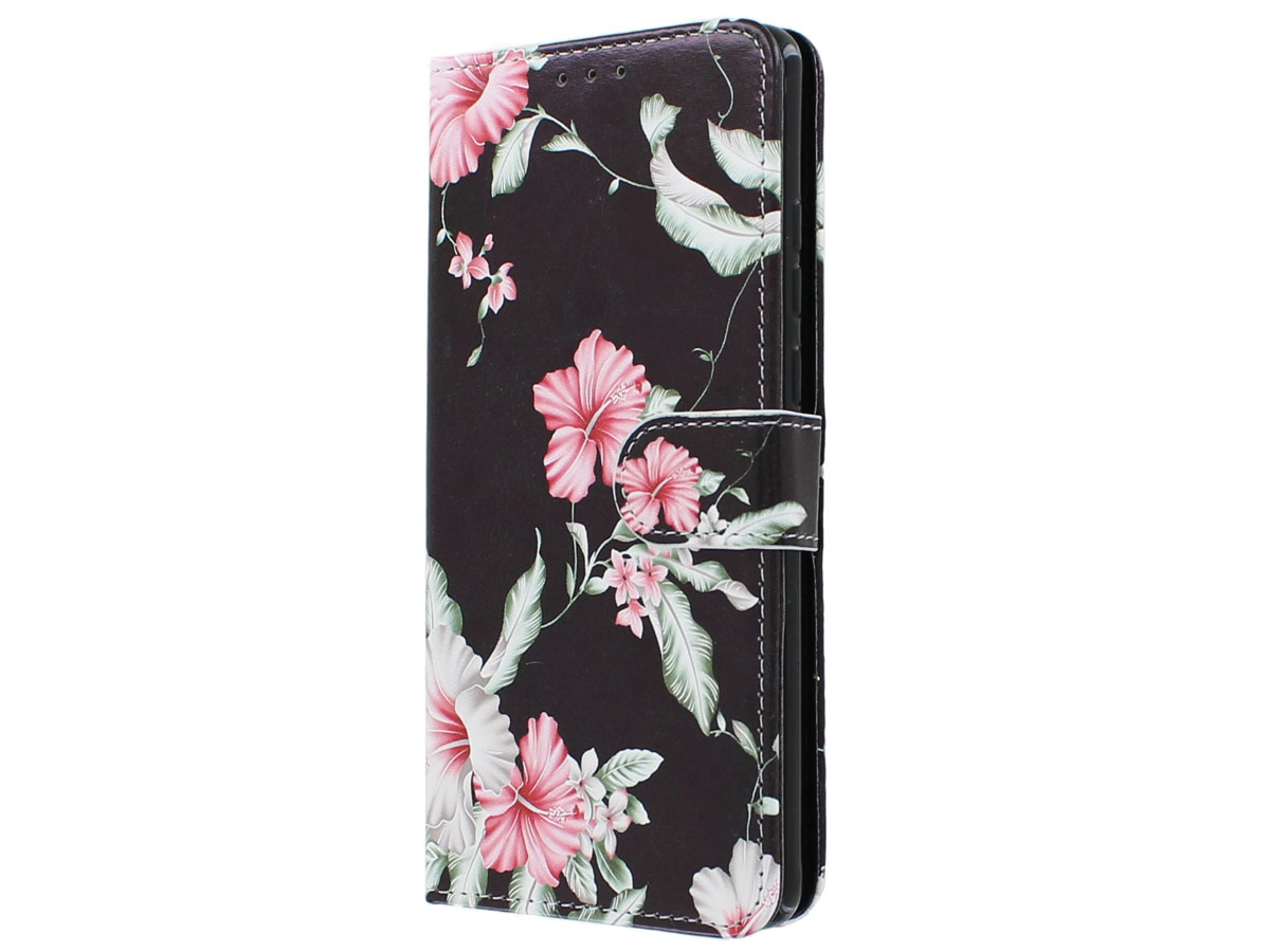 Bookcase Mapje Bloemenprint Zwart - Huawei P30 Pro hoesje