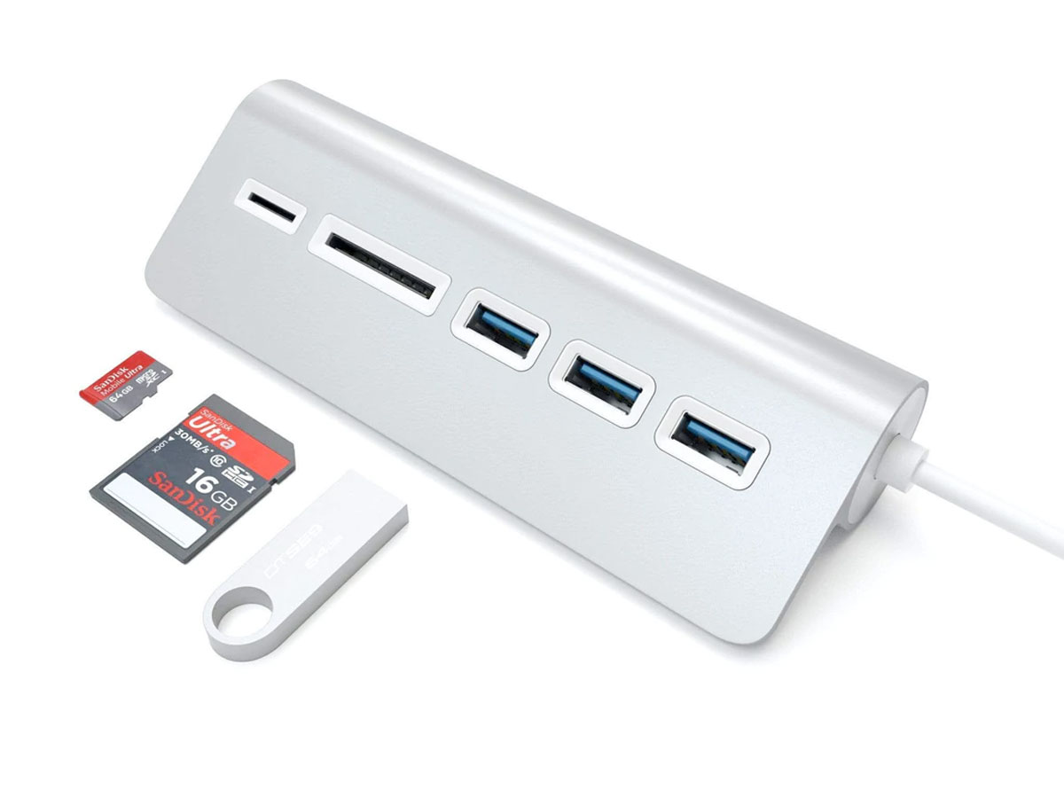 Satechi Aluminium USB-A Hub en Kaartlezer - Zilver