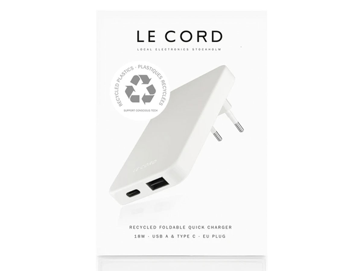 Le Cord Sustainable Charger Wit - Oplader van Gerecycled Plastic (QC/PD)
