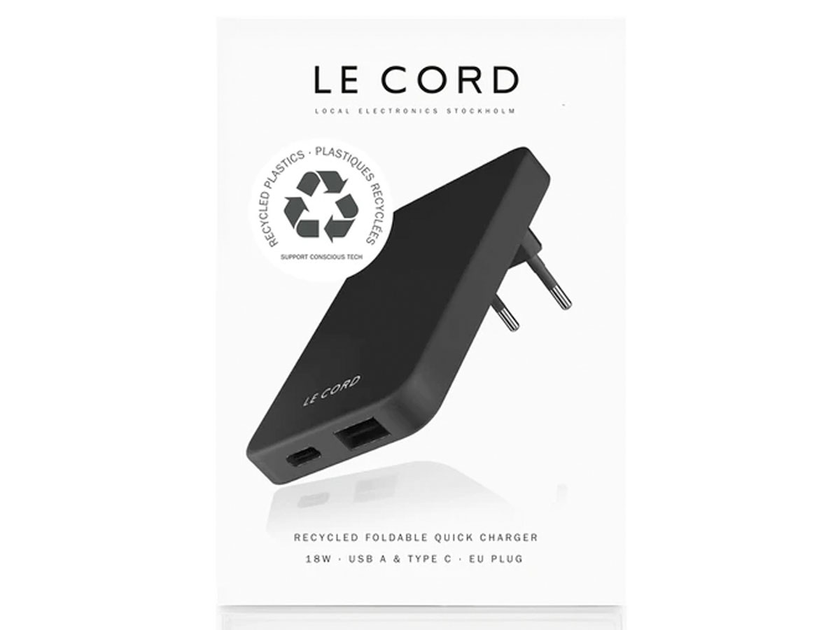 Le Cord Sustainable Charger Zwart - Oplader van Gerecycled Plastic (QC/PD)