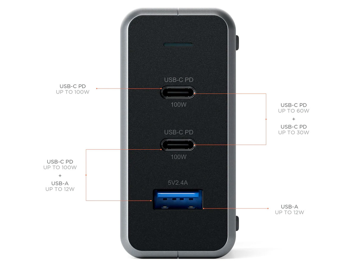 Satechi 100W USB-C PD Compact GaN Charger - Oplader met 3 Aansluitingen