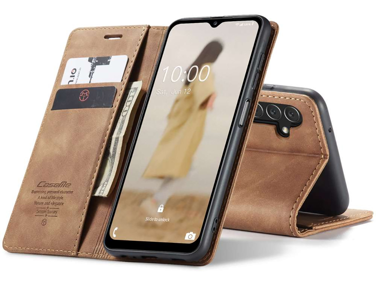 CaseMe Vintage BookCase Tan - Samsung Galaxy A14 5G hoesje