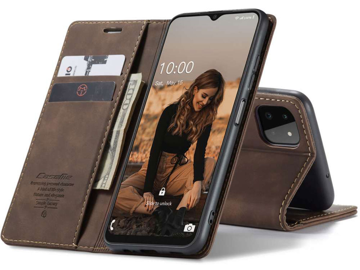 CaseMe Vintage BookCase Bruin - Samsung Galaxy A22 5G hoesje