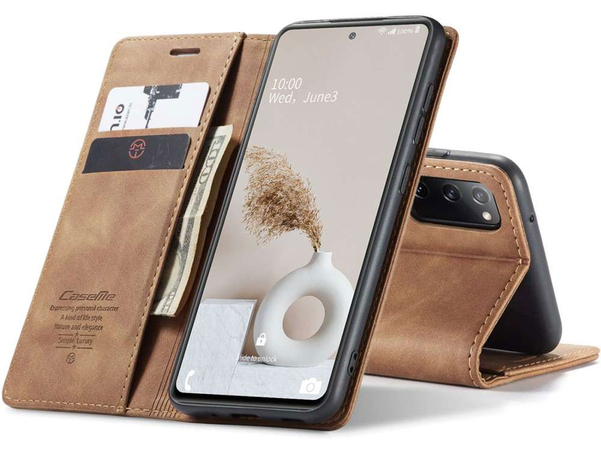 CaseMe Vintage BookCase Tan - Samsung Galaxy S20 FE hoesje