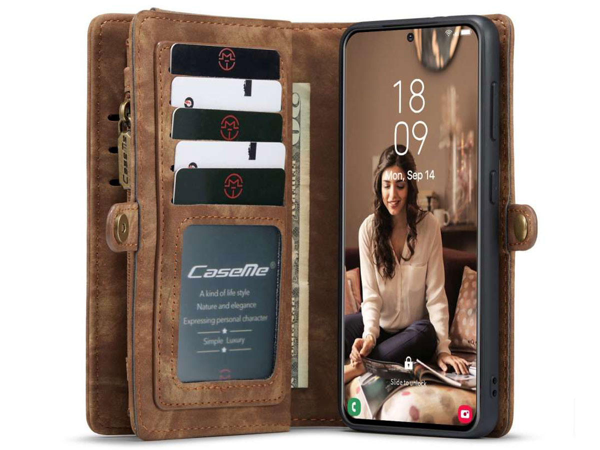 CaseMe 2in1 Wallet Ritsvak Case Bruin - Samsung Galaxy S21 FE Hoesje