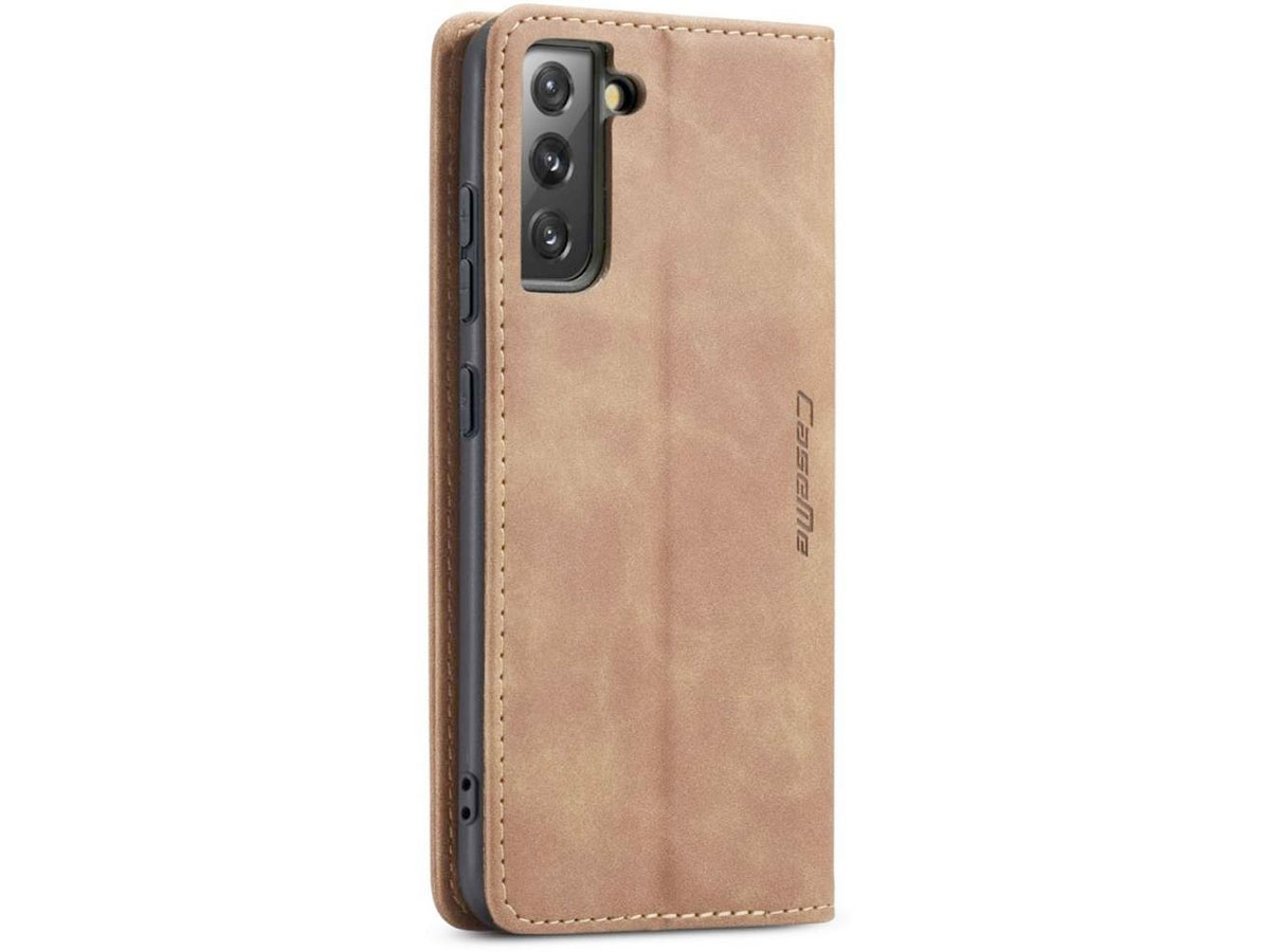 CaseMe Vintage BookCase Tan - Samsung Galaxy S21 FE hoesje