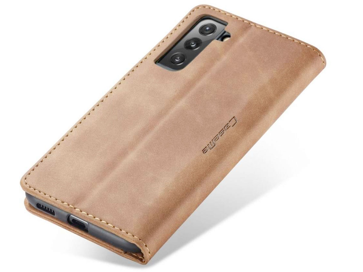 CaseMe Vintage BookCase Tan - Samsung Galaxy S21 FE hoesje