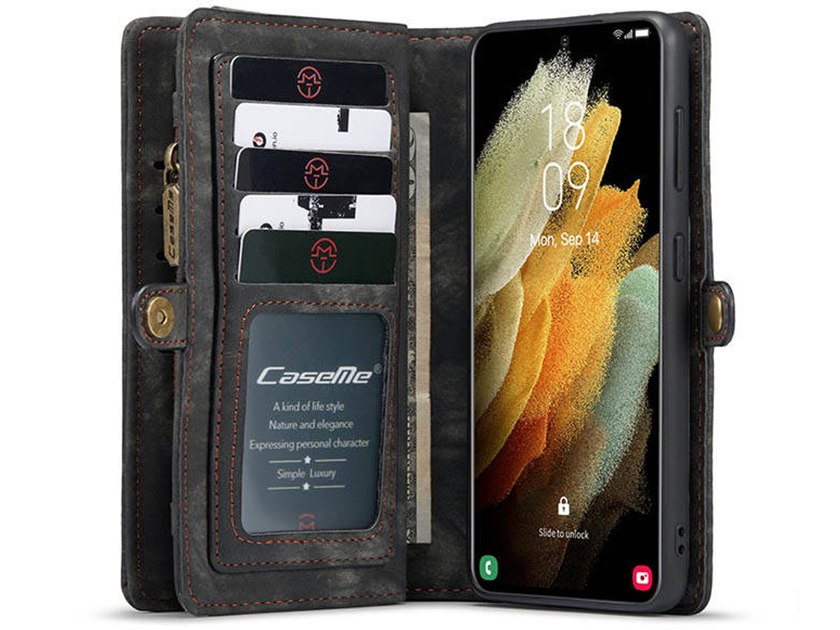 CaseMe 2in1 Wallet Ritsvak Case Zwart - Samsung Galaxy S21 Hoesje