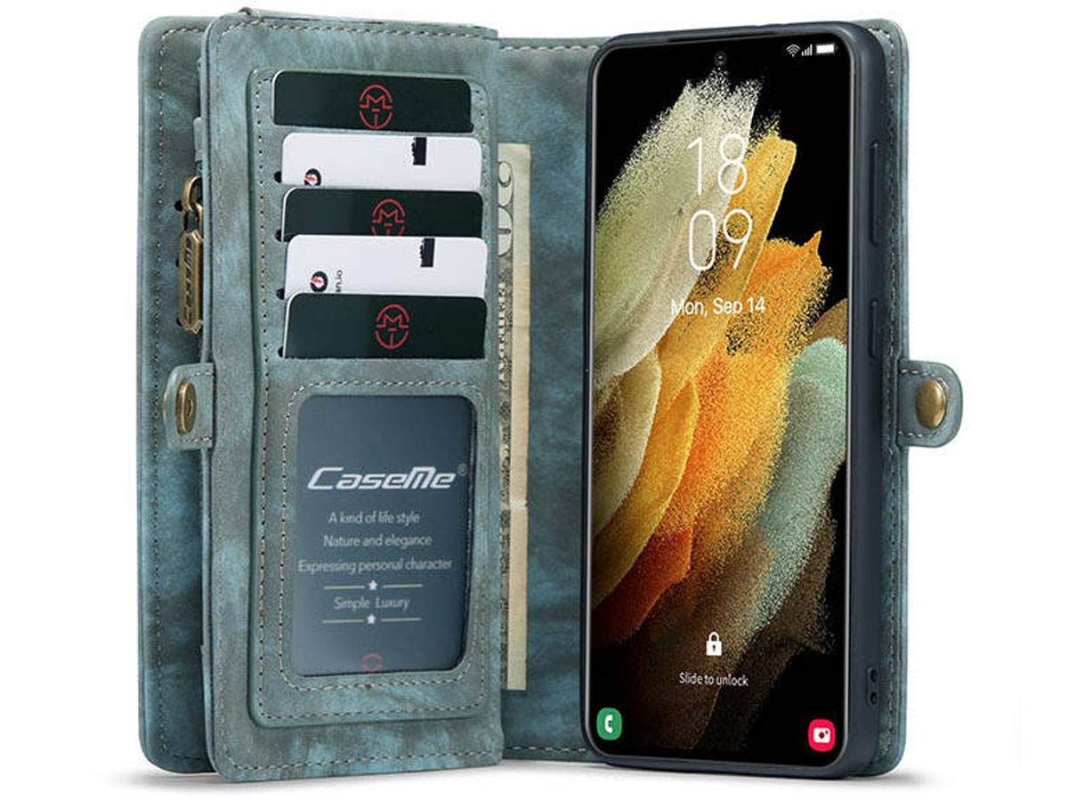 CaseMe 2in1 Wallet Ritsvak Case Blauw - Samsung Galaxy S21 Hoesje