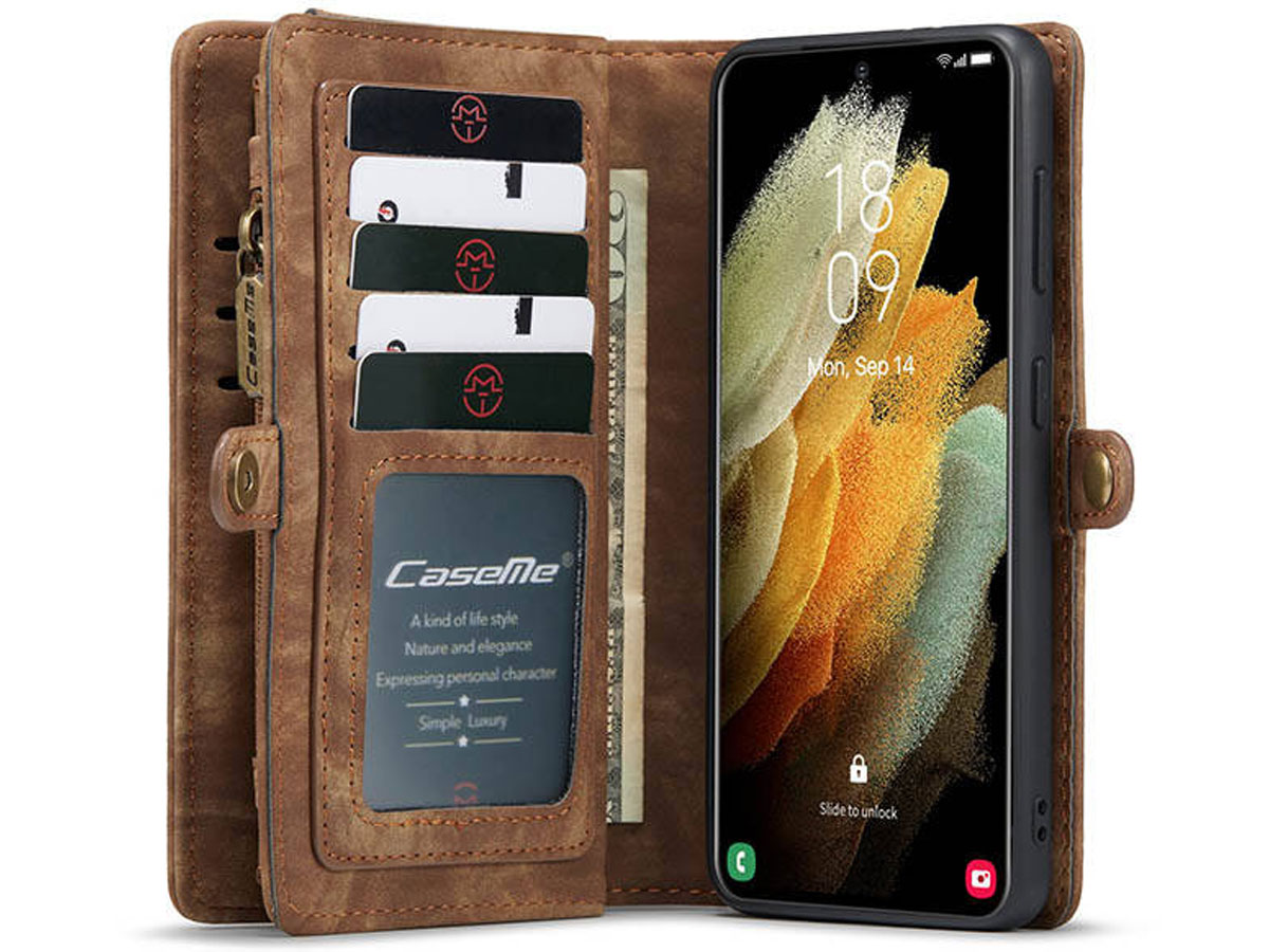 CaseMe 2in1 Wallet Ritsvak Case Bruin - Samsung Galaxy S21 Hoesje