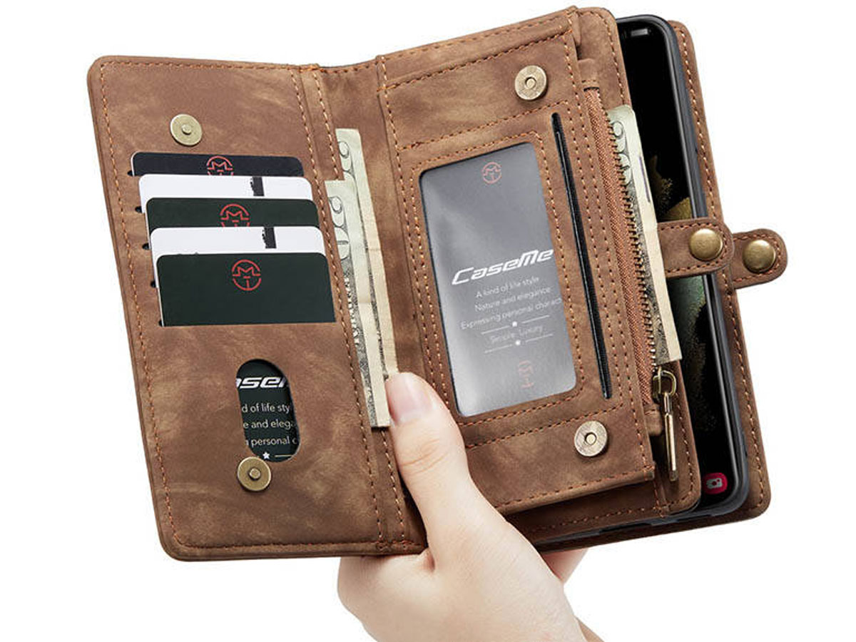 CaseMe 2in1 Wallet Ritsvak Case Bruin - Samsung Galaxy S21 Hoesje
