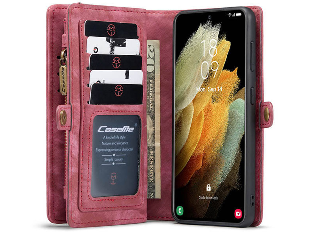 CaseMe 2in1 Wallet Ritsvak Case Rood - Samsung Galaxy S21 Hoesje