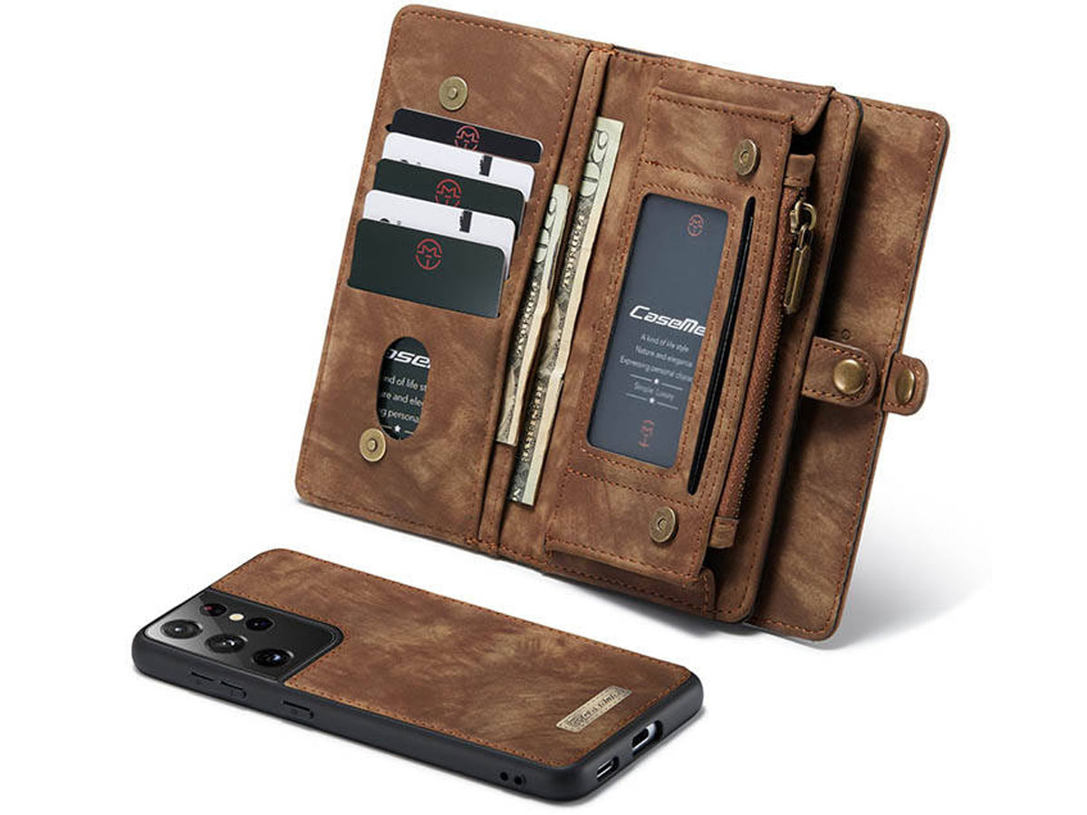 CaseMe 2in1 Wallet Ritsvak Case Bruin - Samsung Galaxy S21 Ultra Hoesje