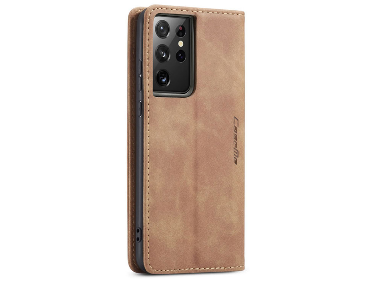 CaseMe Vintage BookCase Tan - Samsung Galaxy S21 Ultra hoesje