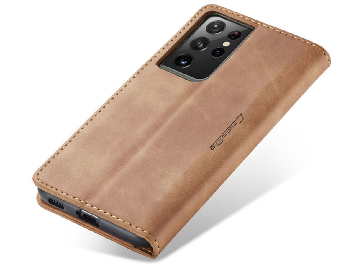 CaseMe Vintage BookCase Tan - Samsung Galaxy S21 Ultra hoesje