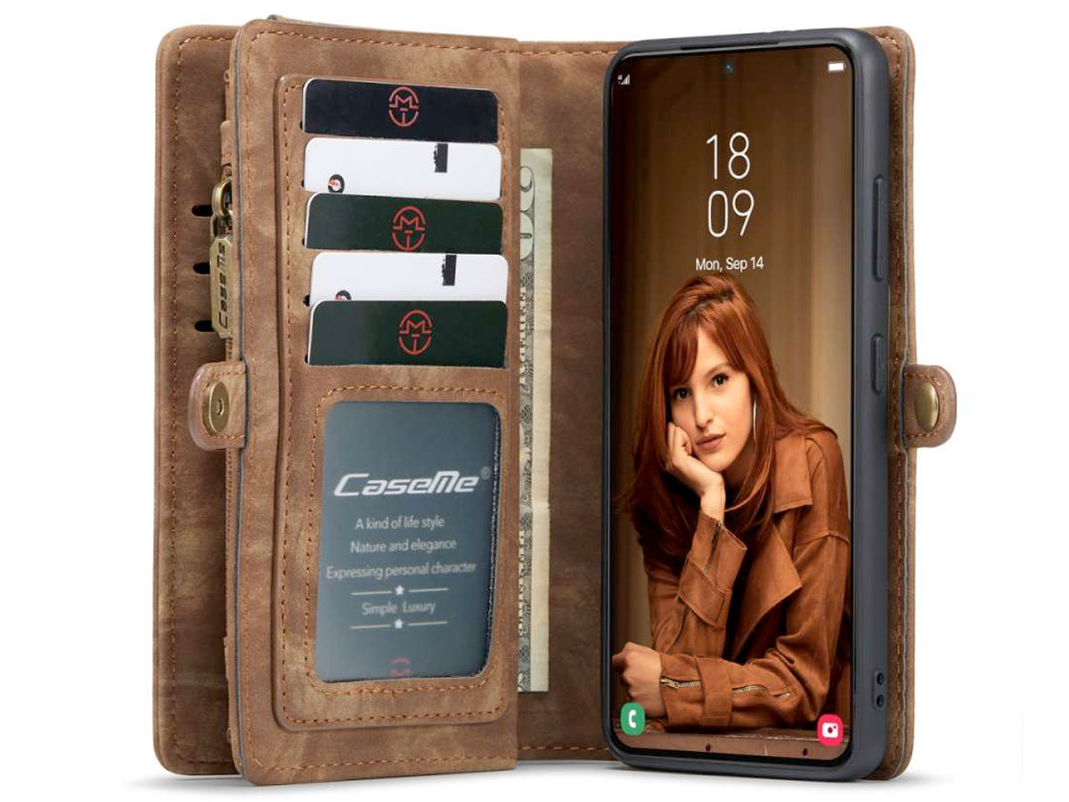 CaseMe 2in1 Wallet Ritsvak Case Bruin - Samsung Galaxy S22 Hoesje